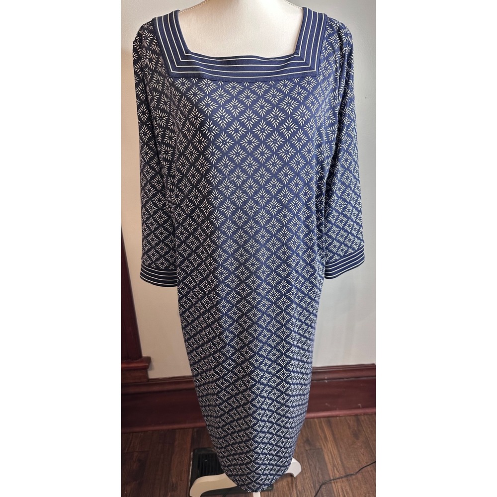Talbots Plus 1X Navy Blue White Geometric Square Neck Shift Dress VN5297 07/22